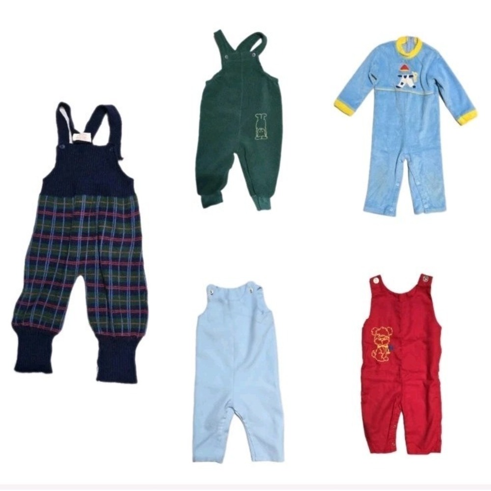Vintage‎ Boys Overalls  18 Months  Knit Plaid  Holiday  Acrylic Lot Of 5